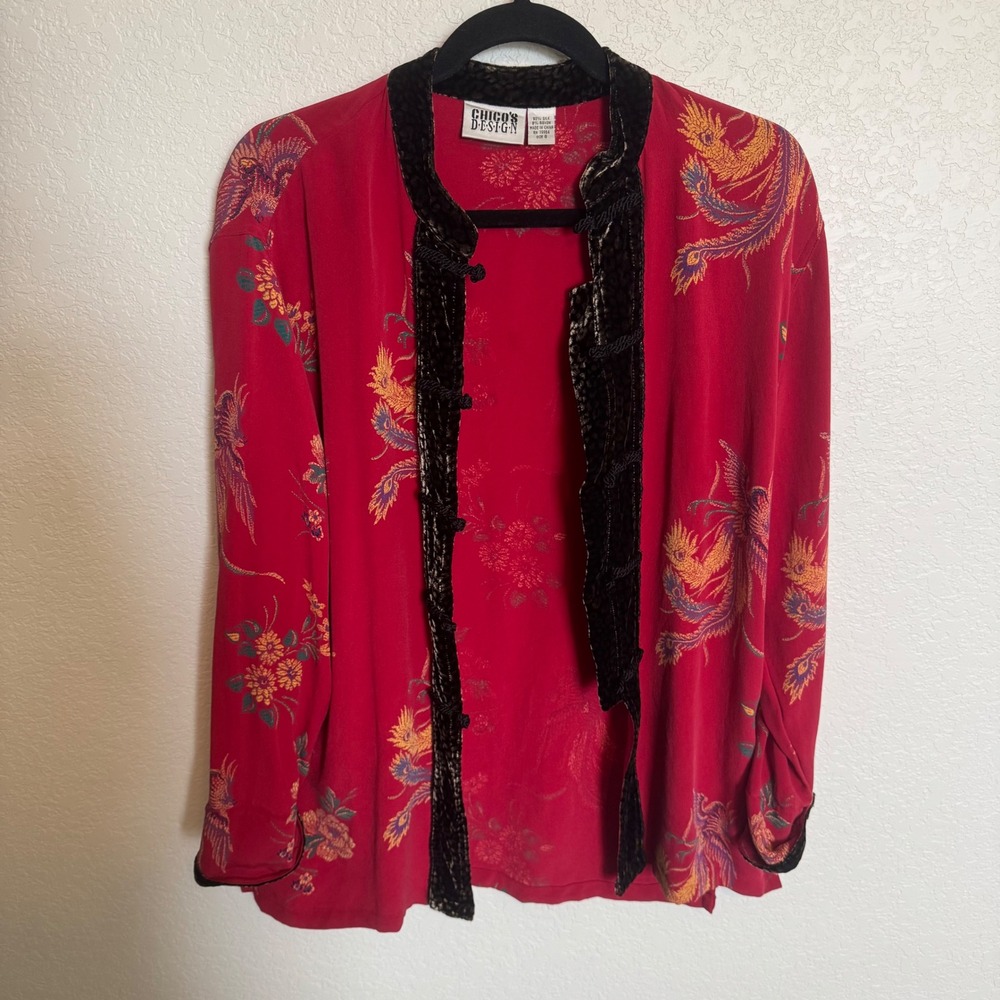 Vintage Phoenix Print Chicos Silk Velvet Trim Jacket Size 0 S Red